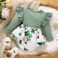Baby Girl Green Rib Knit Ruffle Trim Bow Front Spliced Floral Print Long-sleeve Romper Mint Green image 2