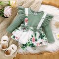Baby Girl Green Rib Knit Ruffle Trim Bow Front Spliced Floral Print Long-sleeve Romper Mint Green image 1