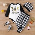 New Year 3pcs Baby Boy/Girl Long-sleeve Graphic Romper and Plaid Pants with Hat Set BlackandWhite image 1