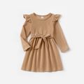 Mommy and Me Solid Rib Knit V Neck Belted Long-sleeve Bodycon Dress Creamcolored image 3