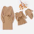 Mommy and Me Solid Rib Knit V Neck Belted Long-sleeve Bodycon Dress Creamcolored image 1