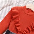 2pcs Kid Girl Ruffled Mock Neck Long-sleeve Tee and Plaid Skirt Set Red image 4