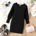 Kid Girl Solid Color Textured Ribbed Long-sleeve Cotton Dress Black
