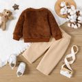 2pcs Baby Boy/Girl Brown Long-sleeve Fuzzy Sweatshirt and Corduroy Pants Set Brown image 2