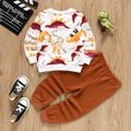2pcs Toddler Boy Dinosaur Print Pullover Sweatshirt and Elasticized Brown Pants Set Colorful image 2