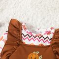 2pcs Toddler Girl Thanksgiving Allover Print Tee and Pumpkin Embroidered Overall Dress Set Brown image 3