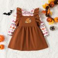 2pcs Toddler Girl Thanksgiving Allover Print Tee and Pumpkin Embroidered Overall Dress Set Brown image 1