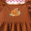 2pcs Toddler Girl Thanksgiving Allover Print Tee and Pumpkin Embroidered Overall Dress Set Brown
