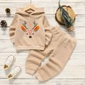 2pcs Toddler Boy Christmas Deer Pattern Textured Hoodie Sweatshirt and Elasticized Pants Set Khaki image 1