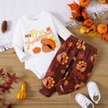Thanksgiving Day 2pcs Baby Boy/Girl Turkey & Letter Print Long-sleeve Romper and Pants Set Brown image 1