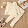 2pcs Toddler Girl Solid Color Flounced Collar Cotton Long-sleeve Ribbed Tee and Pants Set BlanchedAlmond image 2