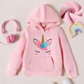 Kid Girl Unicorn Print Pocket Design Fleece Lined Pink Sweatshirt Pink image 1