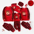 Christmas Family Matching Reindeer Embroidered Red Plaid Raglan-sleeve Thickened Polar Fleece Pajamas Sets (Flame Resistant) redblack