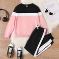 2pcs Kid Girl Colorblock Pullover Sweatshirt and Elasticized Pants Set Pink image 1