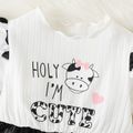 2pcs Baby Girl Letter & Cow Print Ruffle Ribbed Long-sleeve Spliced Mesh Dress with Headband Set BlackandWhite image 3
