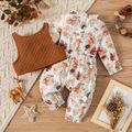 2pcs Baby Girl Allover Animal Print Frill Mock Long-sleeve Jumpsuit and Solid Quilted Vest Set Brown