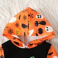 Halloween Baby Boy Pumpkin & Letter Print Colorblock Long-sleeve Hooded Romper Black