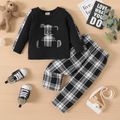 2pcs Baby Boy/Girl Bear Embroidered Black Long-sleeve T-shirt and Plaid Pants Set BlackandWhite image 1