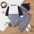 3pcs Baby Boy Penguin Print Blue Striped Long-sleeve Romper and Footed Pants with Hat Set blue+white image 2
