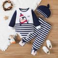 3pcs Baby Boy Penguin Print Blue Striped Long-sleeve Romper and Footed Pants with Hat Set blue+white image 1