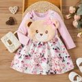 Baby Girl Bear Design Pink Rib Knit Long-sleeve Faux-two Floral Print Dress Pink image 1