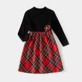 Family Matching Solid Rib Knit Spliced Red Plaid Dresses and Long-sleeve Sweatshirts Sets ColorBlock
