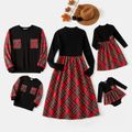 Family Matching Solid Rib Knit Spliced Red Plaid Dresses and Long-sleeve Sweatshirts Sets ColorBlock image 1