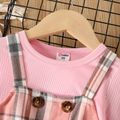 2pcs Toddler Girl Ribbed Pink Tee and Plaid Button Design Overall Dress Set Pink image 3