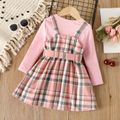 2pcs Toddler Girl Ribbed Pink Tee and Plaid Button Design Overall Dress Set Pink image 2