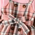 2pcs Toddler Girl Ribbed Pink Tee and Plaid Button Design Overall Dress Set Pink image 4
