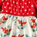 فستان بناتي صغير بأكمام جرس منقطة بطبعة زهور أحمر image 4