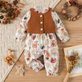 2pcs Baby Girl Allover Animal Print Frill Mock Long-sleeve Jumpsuit and Solid Quilted Vest Set Brown image 1