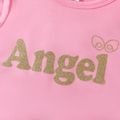 2pcs Kid Girl Glitter Letter Print 3D Wings Design Tee and Colorblock Pants Set Pink