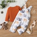 2pcs Baby Boy 95% Cotton Long-sleeve Tee and Allover Elephant Print Overalls Set Dark Brown image 2