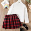 2pcs Kid Girl Christmas Letter Embroidered Long-sleeve White Tee and Red Plaid Skirt Set Red image 2