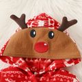 Christmas Baby Boy Allover Deer & Snowflake Print 3D Antler Hooded Long-sleeve Polar Fleece Jumpsuit Red image 3