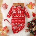 Christmas Baby Boy Allover Deer & Snowflake Print 3D Antler Hooded Long-sleeve Polar Fleece Jumpsuit Red image 2