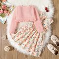 2pcs Toddler Girl Floral Print Sleeveless Dress and Ruffled Pink Cardigan Set Pink image 2