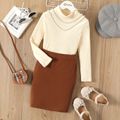2pcs Kid Girl Turtleneck Long-sleeve Ribbed Cotton Tee and Brown Skirt Set Brown image 1