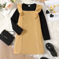 2pcs Kid Girl Ribbed Long-sleeve Black Tee and Ruffled Khaki Overall Dress Set ColorBlock image 4
