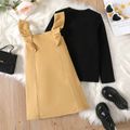 2pcs Kid Girl Ribbed Long-sleeve Black Tee and Ruffled Khaki Overall Dress Set ColorBlock image 5