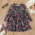 Toddler Girl Valentine's Day Letter Heart Allover Print Long-sleeve Dress Black image 1