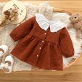 Baby Girl Eyelet Embroidered Ruffle Collar Brown Textured Long-sleeve Button Front Dress Brown image 1