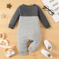 Baby Boy 100% Cotton Striped Spliced Solid Long-sleeve Jumpsuit with Pocket flowergrey