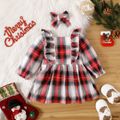 2pcs Baby Girl Plaid Ruffle Trim Button Front Square Neck Long-sleeve Dress with Headband Set Red image 2