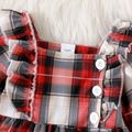 2pcs Baby Girl Plaid Ruffle Trim Button Front Square Neck Long-sleeve Dress with Headband Set Red