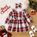 2pcs Baby Girl Plaid Ruffle Trim Button Front Square Neck Long-sleeve Dress with Headband Set Red image 1