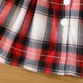 2pcs Baby Girl Plaid Ruffle Trim Button Front Square Neck Long-sleeve Dress with Headband Set Red image 3
