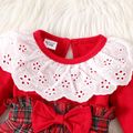2pcs Baby Girl 95% Cotton Long-sleeve Spliced Plaid Bow Front Ruffle Collar Dress with Headband Set Red