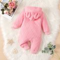 Baby Girl Solid Textured 3D Ears Hooded Long-sleeve Button Front Jumpsuit Red image 2